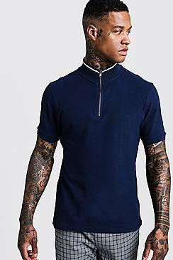 Boohoo Navy Funnel Neck Zip Up Collar Polo