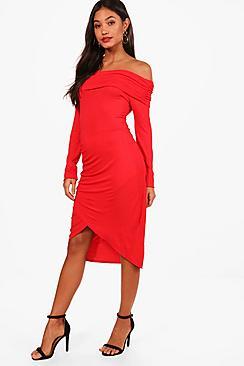 Boohoo Eve Ruched Off The Shoulder Midi Dress