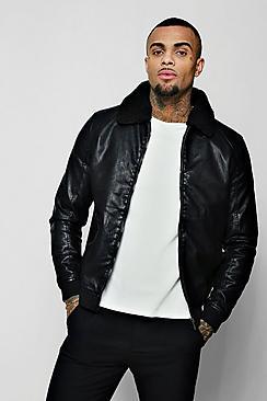 Boohoo Pu Trucker Jacket With Borg Collar