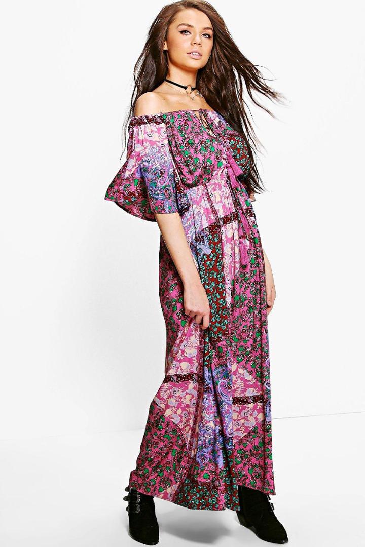 Boohoo Evelyn Paisley Angel Sleeve Maxi Dress Multi