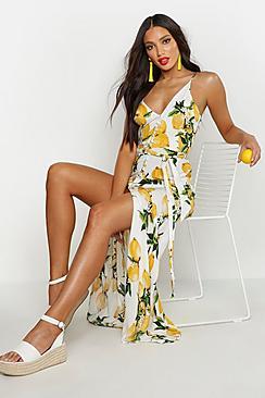 Boohoo Lemon Print Button Detail Maxi Dress