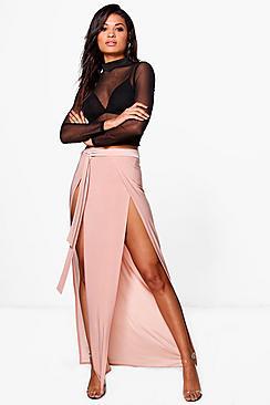 Boohoo Amala Tie Waist Double Thigh Split Maxi Skirt