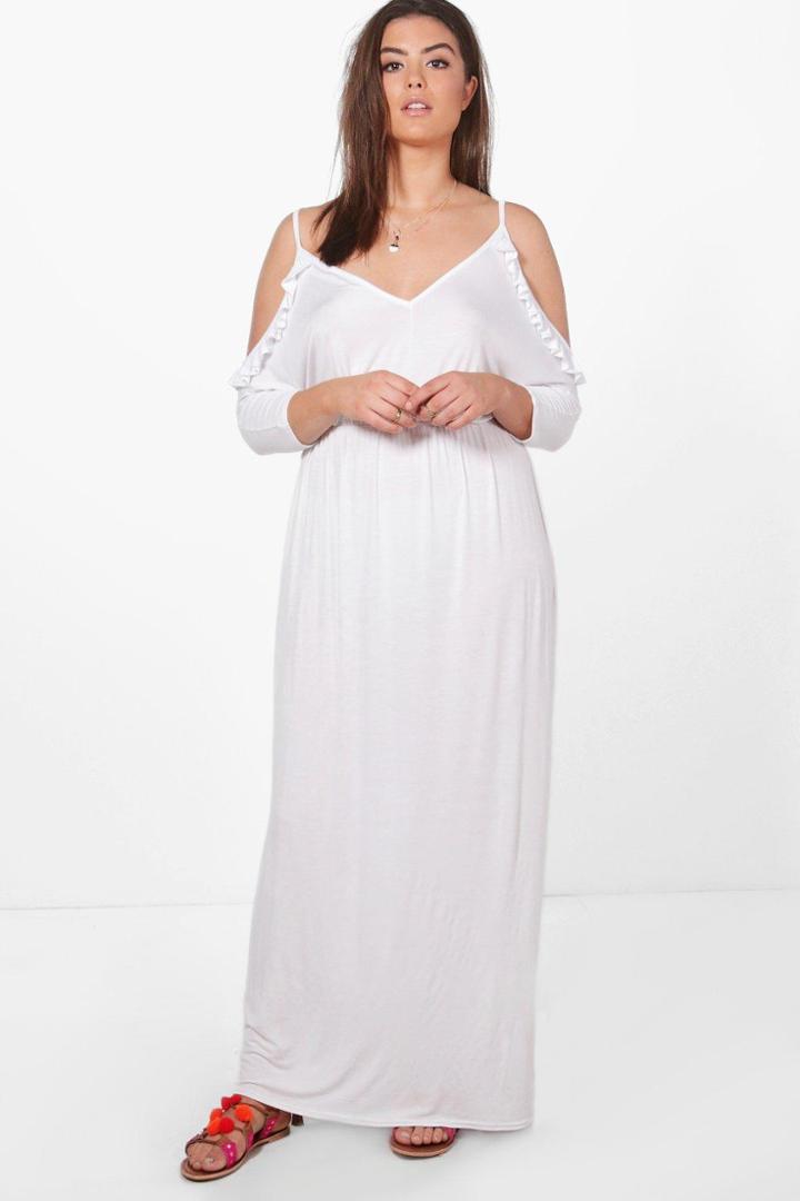 Boohoo Plus Natalya Open Shoulder Ruffle Maxi Dress White