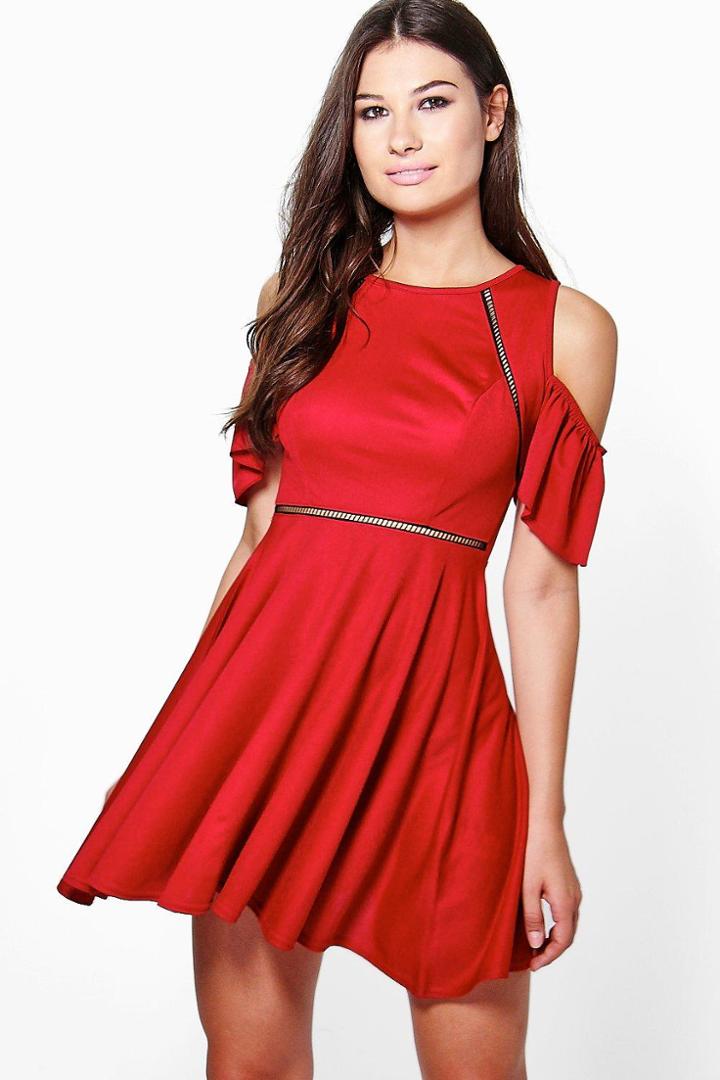 Boohoo Em Cold Shoulder Ladder Trim Skater Dress Berry