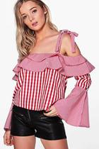 Boohoo Hallie Gingham Tie Bell Sleeve Off The Shoulder Top