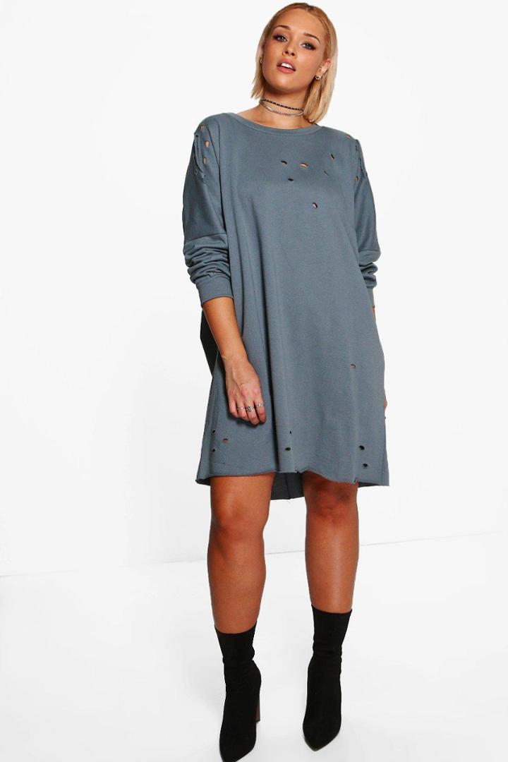 Boohoo Plus Danielle Distressed Sweat Dress Dove