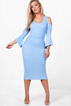 Boohoo Plus Lisa Open Shoulder Frill Midi Dress Bluebell