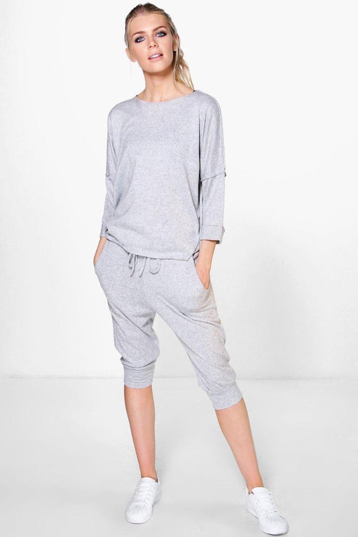 Boohoo Rebecca Raw Edge Hem Crop Jogger Lounge Set Grey