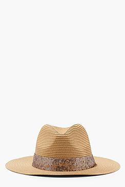 Boohoo Hannah Sequin Trim Straw Fedora