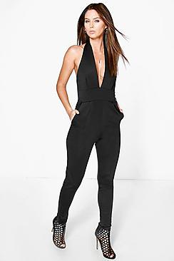 Boohoo Lola Stephanie Plunge Halterneck Jumpsuit