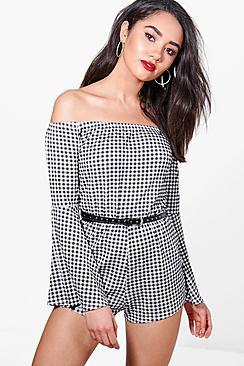 Boohoo Petite Naomi Gingham Ruffle Sleeve Playsuit