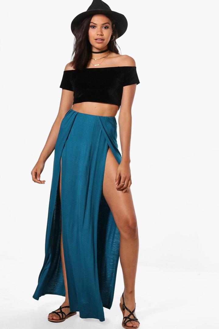 Boohoo Gisella Plain Double Split Front Maxi Skirt Jade