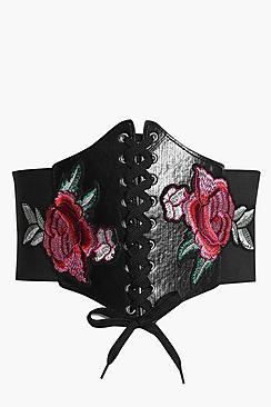 Boohoo Anna Embroidered Pu Lace Up Corset Belt