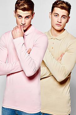 Boohoo 2 Pack Long Sleeve Muscle Fit Polos