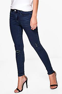 Boohoo Petite Gemma Mid Rise Skinny Ripped Knee Jeans