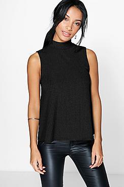 Boohoo Freya Shine Rib High Neck Sleeveless Top