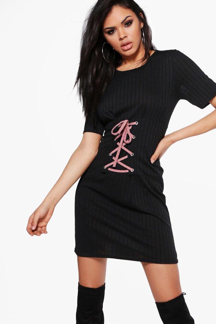 Boohoo Tia Corset T-shirt Rib Knit Dress Black