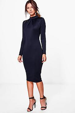 Boohoo Em High Neck Pleat Detail Long Sleeve Midi Dress