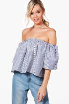 Boohoo Stella Stripe Off The Shoulder Top Navy