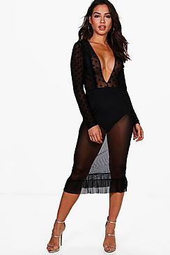Boohoo Ava Mesh Polka Dot & Frill Midi Dress With Bodysuit