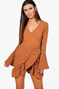Boohoo Petite Frill Flare Sleeve Wrap Skater Dress