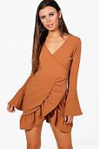 Boohoo Petite Frill Flare Sleeve Wrap Skater Dress