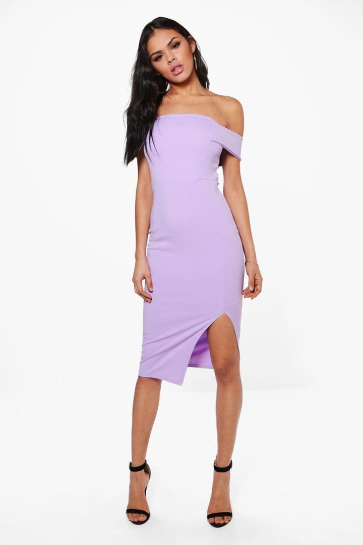 Boohoo Anna Off The Shoulder Side Split Midi Dress Orchid