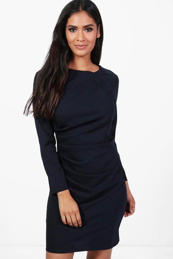 Boohoo Georgia Ruched Scuba Crepe Midi Dress Navy