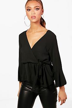 Boohoo Ava Wrap Over Tie Blouse