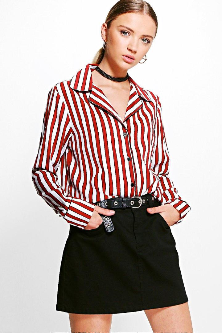 Boohoo Hayley Stripe Oversized Shirt Berry