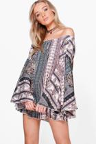 Boohoo Rosie Wide Sleeve Off Shoulder Skater Dress Multi