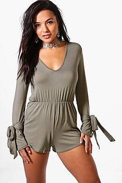 Boohoo Petite Ellie Tie Sleeve Plunge Playsuit