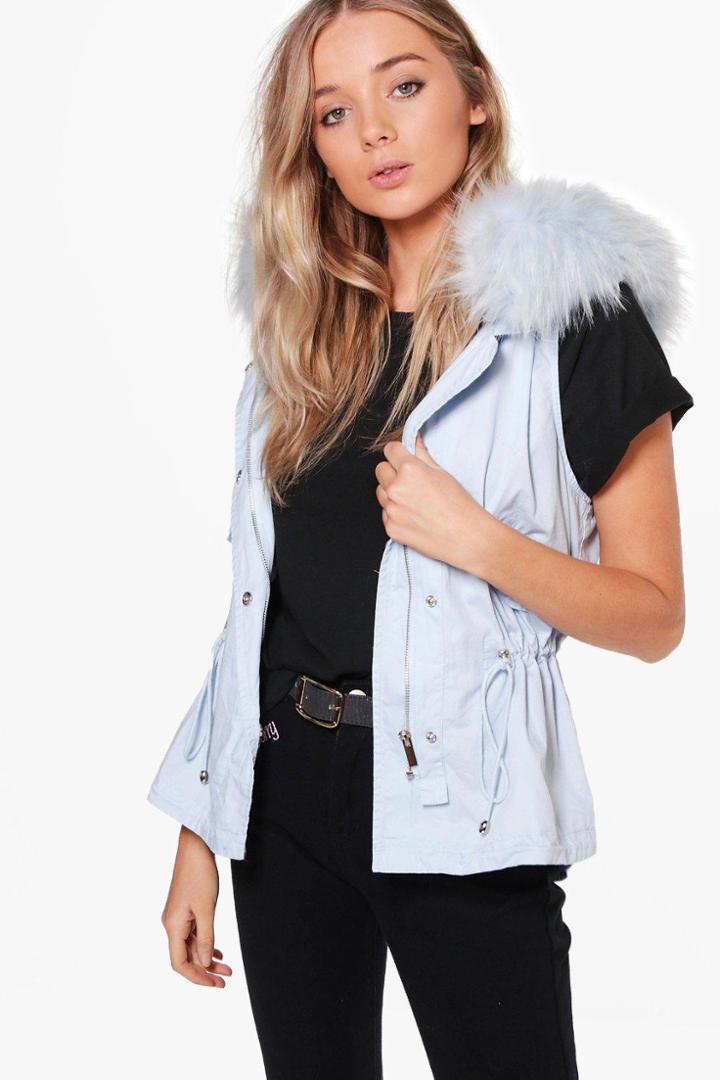 Boohoo Angela Boutique Faux Fur Hood Gilet Blue