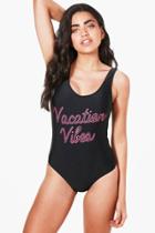 Boohoo Orlando Vacation Vibes Slogan Scoop Bathing Suit Black
