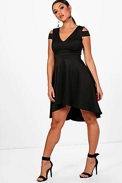 Boohoo Bardot Plunge High Low Skater Dress