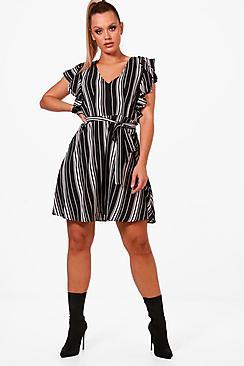 Boohoo Plus Ella Woven Stripe Ruffle Sleeve Skater Dress