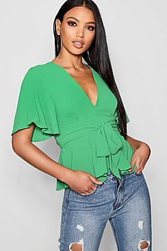 Boohoo Ruffle Sleeve Tie Waist Blouse