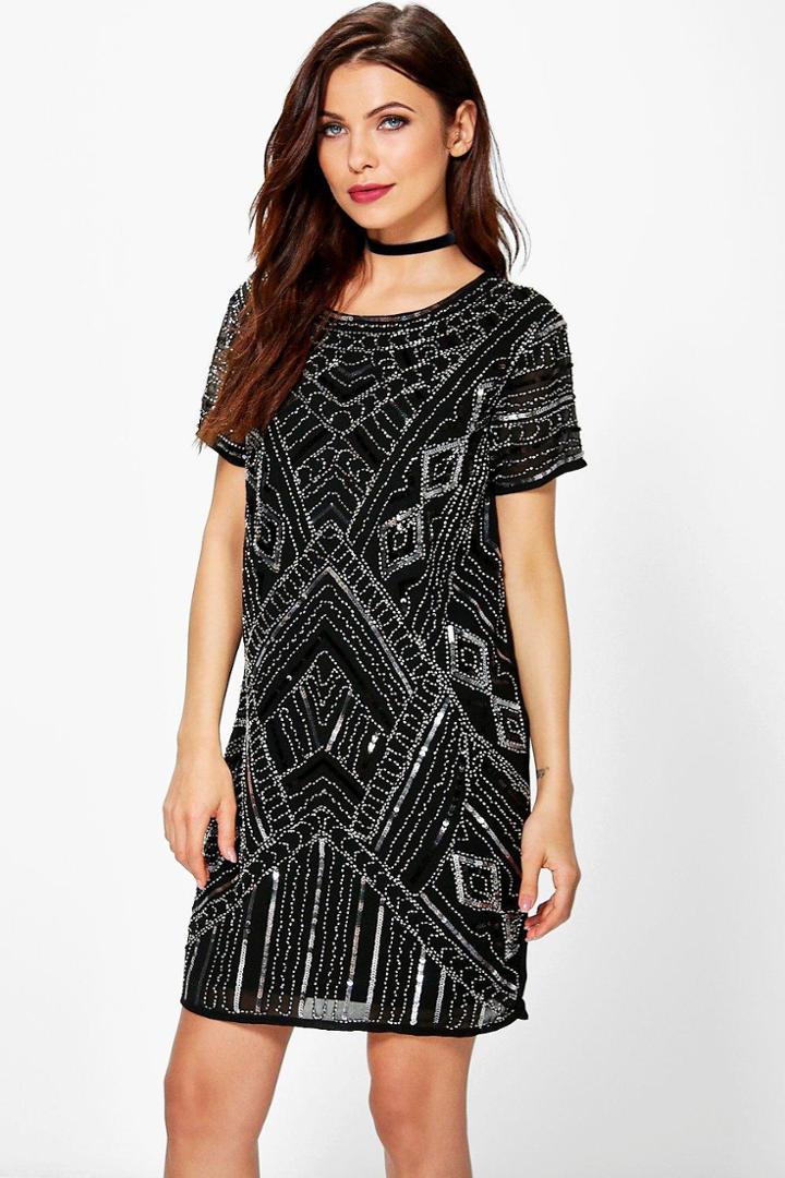 Boohoo Boutique Di Embellished Cap Sleeve Shift Dress Black