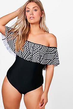 Boohoo Plus Emma Bardot Aztec Print Swimsuit