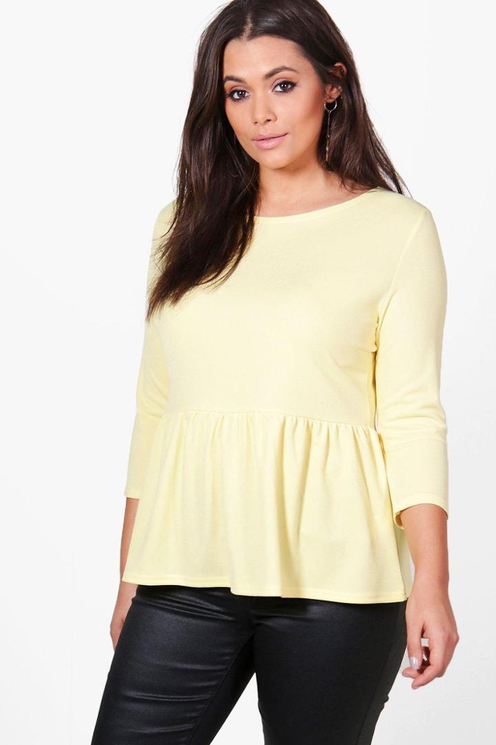 Boohoo Plus Nadia Ruffle Hem 3/4 Sleeve Top Yellow