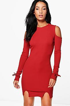 Boohoo Anna Tie Sleeve Ribbed Bodycon Dress