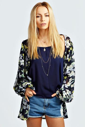 Boohoo Sasha Floral Print Kimono - Navy