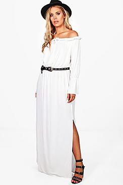 Boohoo Plus Josie Off The Shoulder Front Tie Maxi Dress