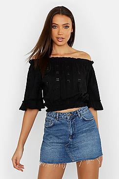 Boohoo Tall Broderie Anglaise Bardot Frill Crop Top