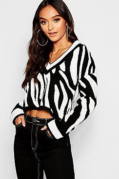 Boohoo Petite Zebra Print V Neck Jumper