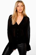 Boohoo Grace Embroidered Star Frill Ruffle Sleeve Blouse Black