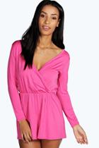 Boohoo Aveline Wrap Front Jersey Playsuit Pink
