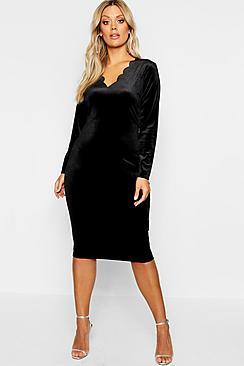 Boohoo Plus Velvet Scallop Edge Bodycon Dress