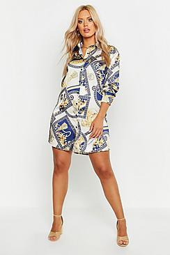 Boohoo Plus Chain Printed Satin Shirt Dress