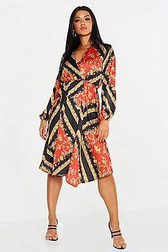Boohoo Satin Floral Scarf Print Wrap Midi Dress